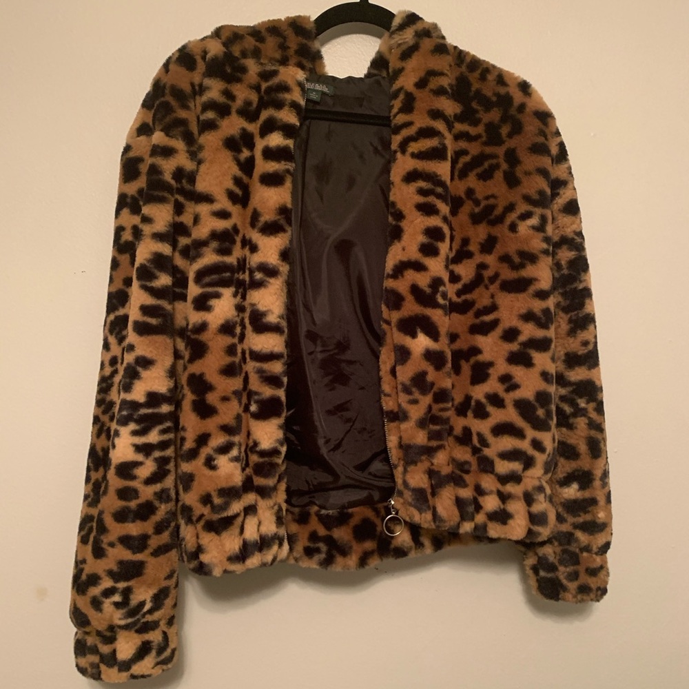 WOMENS CHEETAH FAUX FUR PUFF COAT FULL ZIP HOODED